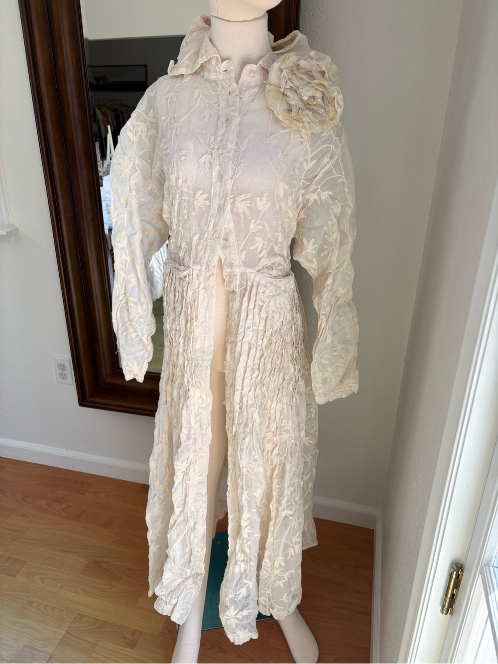 Cream Embroidered Long Trench Coat with Floral Appliqué